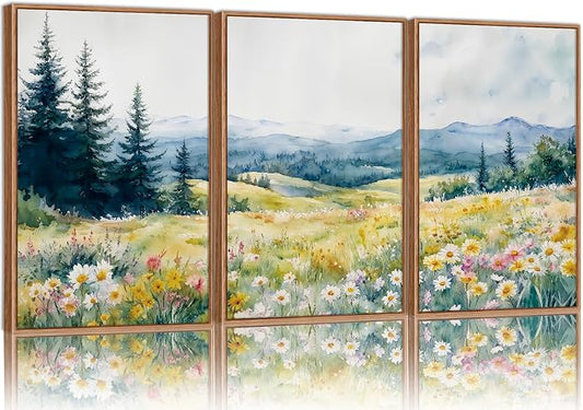 KaiWithYuan Watercolor Mountain Woodland Framed Canvas Wall Art, Nature Pine Tree Forest Wall Decor, Modern Daisy Flower Art Paintings, Cozy Meadow Artwork for Bedroom Living Room Office 16"x24"x3