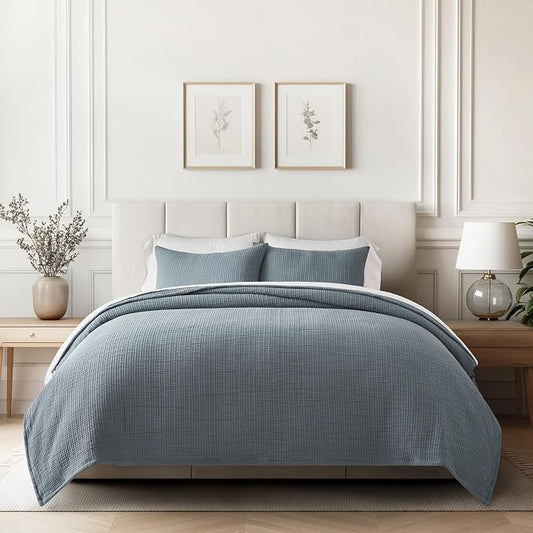 EVERGRACEHOME Cotton Gauze Full Queen Bedspread, Ultra Soft Prewashed Pick Stitch Matelassé Coverlet, Lightweight Oversized Queen Quilt Bedding Set for All Season, w/ 2 Shams, Dusty Blue