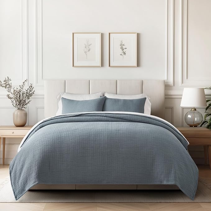 EVERGRACEHOME Cotton Gauze King Bedspread, Ultra Soft Prewashed Pick Stitch Matelassé Coverlet, Lightweight Textured Oversized King Quilt Bedding Set for All Season, with 2 Shams, Dusty Blue