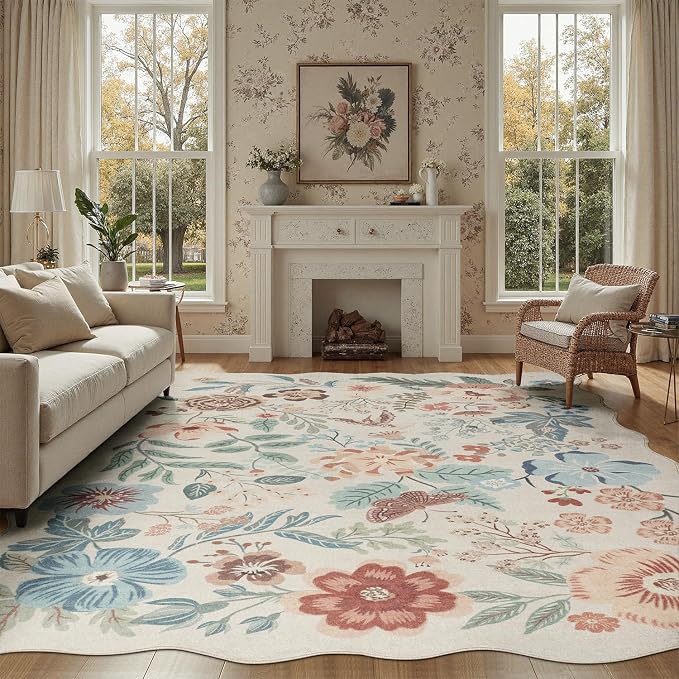 DCX Beige Floral Rug 4x6, Washable Beige Rug for Living Room, Kid & Pet Friendly with Rubber Back Non Slip, Soft Low Pile Carpet, Stain Resistant Rug for Bedroom, Nursery, Dining Room