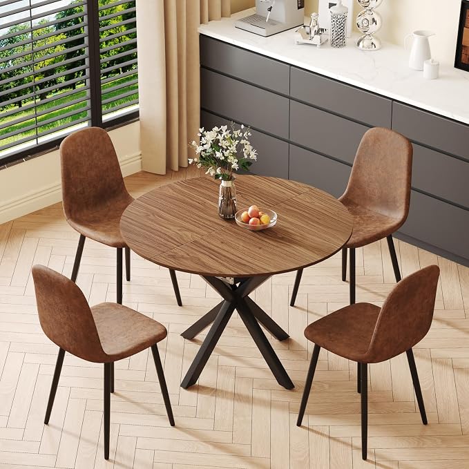 43"-59" Extendable Round Dining Table for 4-6,Mid Century Modern Walnut Wood Grain Table,Expandable Kitchen Table for Small Spaces