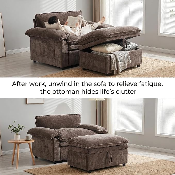 Furnimart Oversized Accent Chair with Storage Ottoman, Super Plush Cloud Chair with Chunky Cushion, Comfy Chenille Chaise Lounge for Living Room Bedroom Reading Nook(Brown)