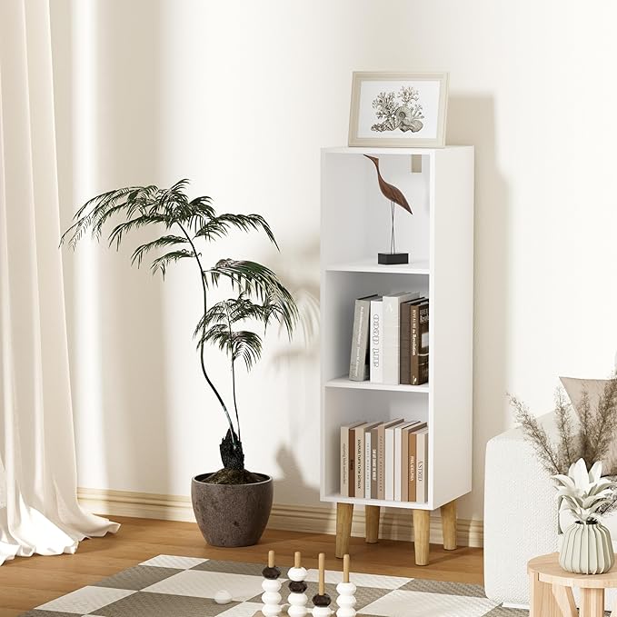 3 Cube Bookcase, Wooden Book Shelf Cube Storage Organizer with Legs, 3 Tier Bookshelf Freestanding Open Shelves for Bedroom, Living Room, Home Office (White, 3 Cube)