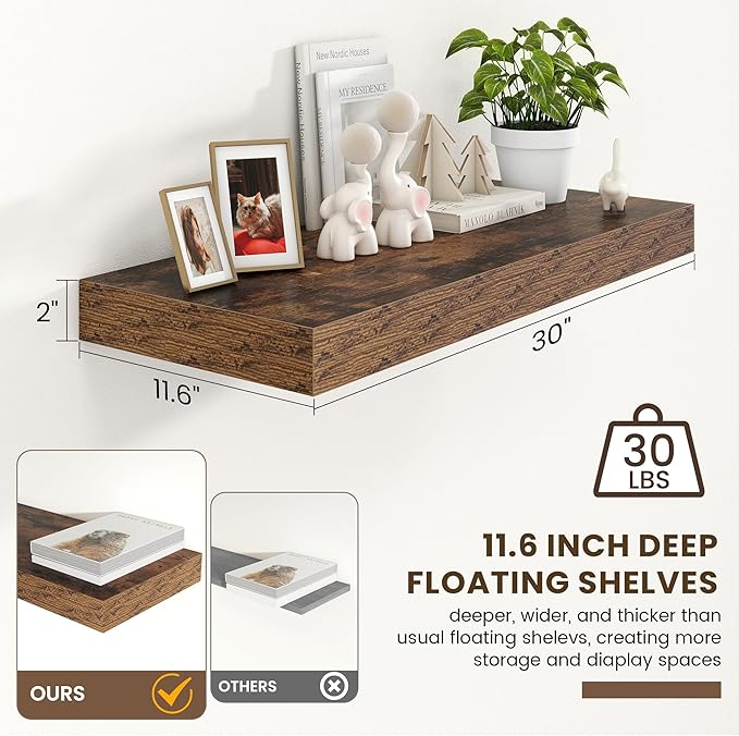 30 Inch Floating Shelves | 12 Inch Deep Brown Floating Shelves | 30" W x 12" D Rustic Wood Shelves for Wall | Deep Brown Shelves for Living Room Bathroom Laundry Room Kitchen