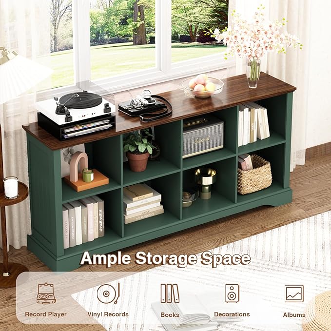 8 Cube Storage Organizer - 62" Long Farmhouse Wood Low Bookshelf, Horizontal Open Shelf Bookcase Cubby Storage Console Cabinet for Living Room, Entryway, Office, Green