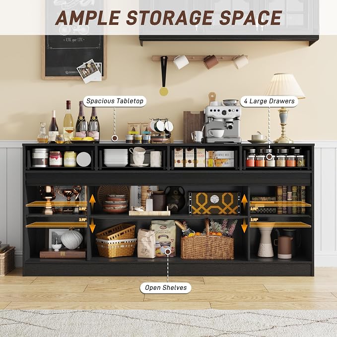 70” Large Buffet Sideboard Cabinet w/4 Drawer,Farmhouse Coffee Bar Cabinet Buffet with Storage,Sliding Door,Long Kitchen Buffet Table,Kitchen Sideboard Cabinet,Credenza for Dining Room,Black