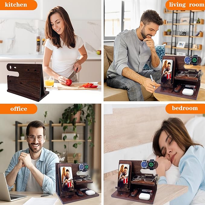VEIYAILU Gifts for Men Women Brother Boss Boyfriend Him Nightstand Organizer Gifts for Dad from Daughter Son Wood Phone Docking Station (Dark Brown)