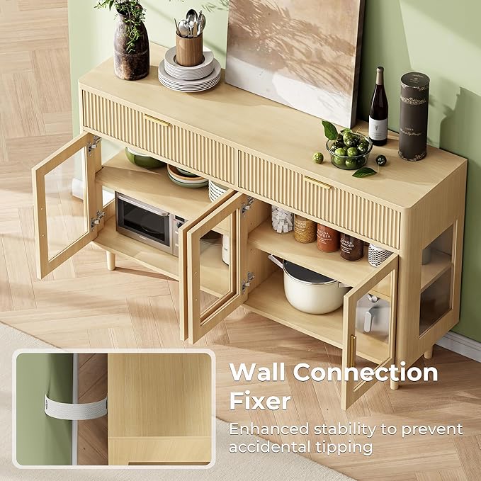 IRONCK 59'' Sideboard Buffet Cabinet with Drawers, Modern Kitchen Storage Cabinet with Adjustable Shelves and Tempered Glass Doors, Wood Coffee Bar for Kitchen, Living Room, Oak
