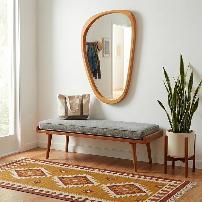 Irregular Asymmetrical Wall Mirror 36"×24" with Solid Wood Frame, Organic Mid-Century Modern Decorative Wall Mirror for Living Room, Entryway & Bedroom