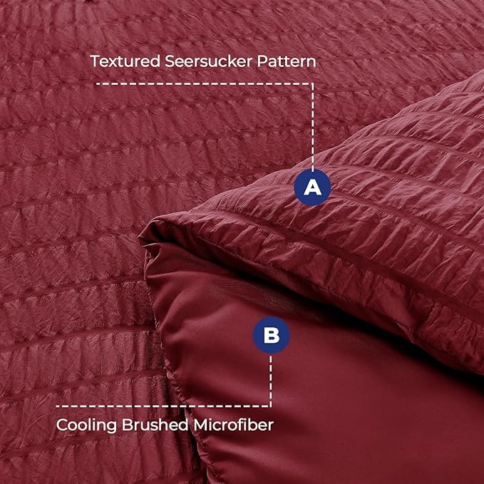 HYMOKEGE Burgundy Twin Comforter Set Seersucker 5 Pieces, All Season Luxury Bed in a Bag for Bedroom, Bedding Set with Comforters, Sheets, Pillowcase & Sham