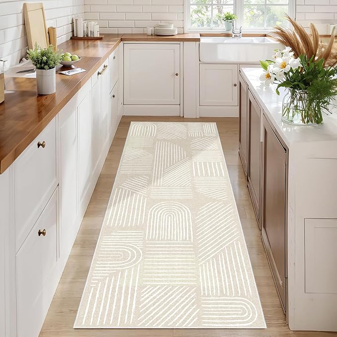 MUJOO 2x6 Runner Rug Washable,Mid Century Modern Abstract Non Slip Low Pile Runner Rug,Neutral Beige and White Rug for Hallway Kitchen Entryway