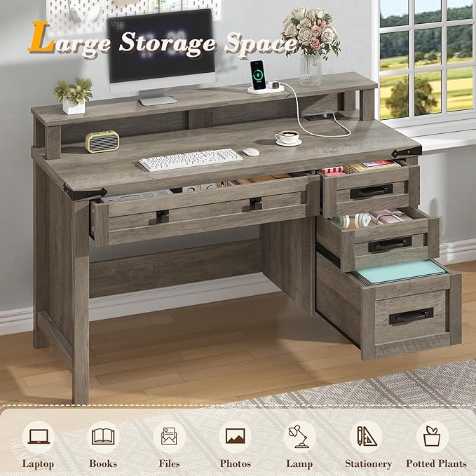 YOMILUVE Farmhouse Computer Desk with Drawers, 47" Small Computer Desk with Power Outlets, Home Office Desk with Monitor Stand & 4 Drawers, Writing Study Table, Grey