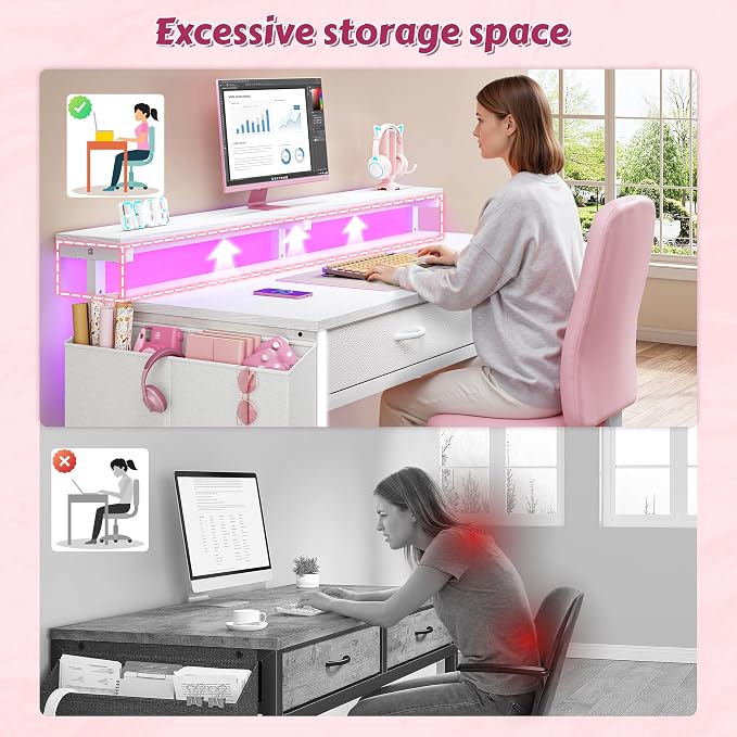 DurayLoly 47.3 Inch Computer Desk with 2 Drawers & LED Lights, Home Office Desk with Side Pocket, Gaming Desk with Monitor Stand, Study Writing Table for Small Spaces, White