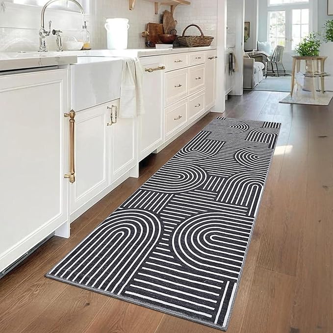 Modern Rug 2x6 Runners for Hallways, Abstract Kitchen Runner Rugs Non Slip Bath Runner, Rainbow Washable Runner Rug for Bedroom, Soft Long Rugs for Entryway Bathroom Laundry Dorm, Black