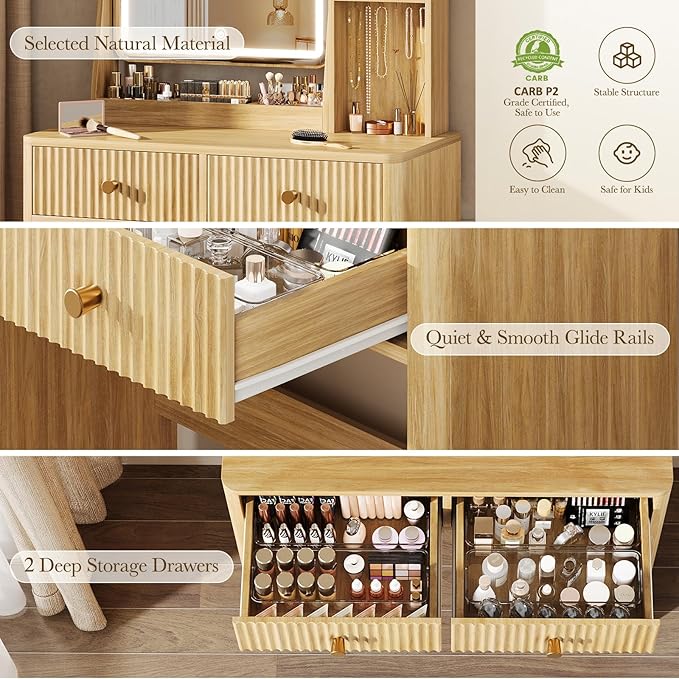 Fluted Vanity Desk with Mirror and Lights, Small Makeup Vanity with 2 Drawers and Jewelry Storage Cabinet, 3 Lighting Modes Adjustable Brightness, Dressing Table for Bedroom - Natural Oak
