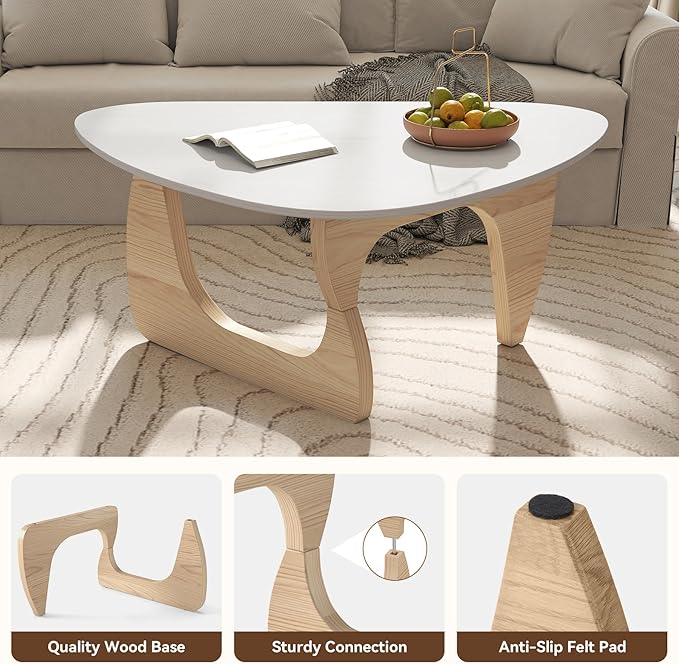 Modern Wood Coffee Table, Triangle Center Table with Premium Wooden Top& Unique Base, 35.5” Small Mid Century Tea Tables for Living Room, Apartment, Office,White&Light Natural Wood