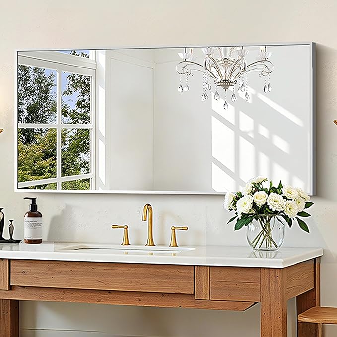 KOCUUY Silver Bathroom Mirror, 48"x24" Rectangle Bathroom Mirror for Wall, HD Tempered Glass, Anti-Rust Brushed Silver Frame, Modern Design for Bathroom, Bedroom, Living Room, Entryway.
