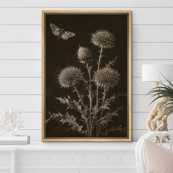 Woodrose Framed Canvas Print Wall Art Sepia Botanical Thistle with Butterfly Vintage Illustrations Modern Art Minimalist 3D Colorful Ultra for Living Room, Bedroom, Office - 16"x24" NATURAL