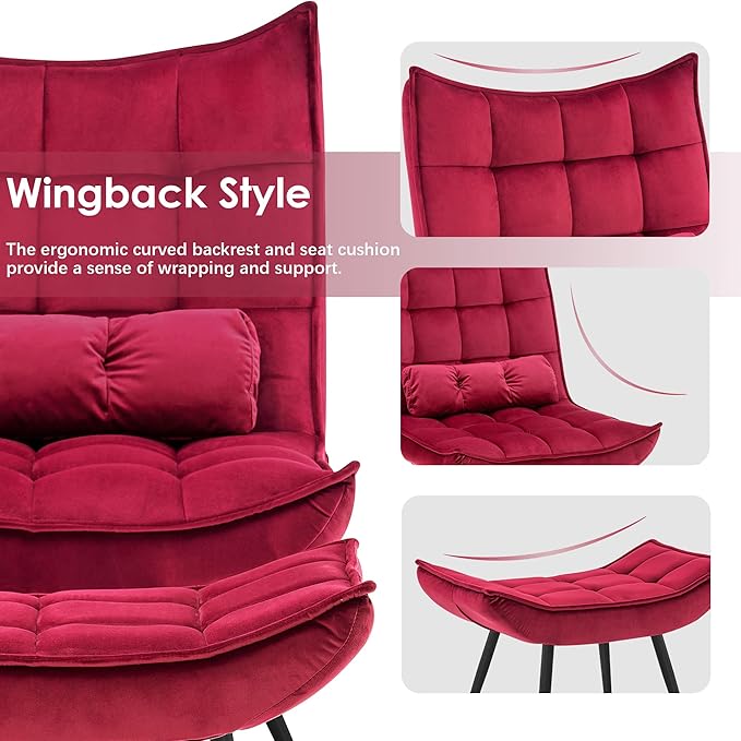 MCombo Accent Chair with Ottoman, Modern Velvet Wingback Lounge Chair, Upholstered Club Chair for Small Space, Living Room & Bedroom 4079 (2, Burgundy)