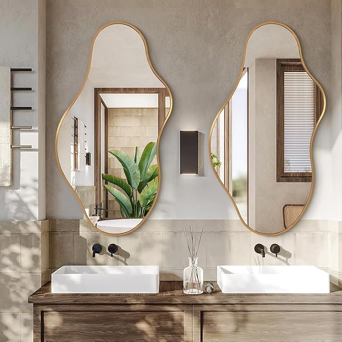 Bathroom Mirrors for Over Sink - Long Wall Mirrors Decorative 20"x 36" Asymmetrical Abstract Aviation Aluminum Alloy Frame Unique for Bedroom, Living Room, Cloakroom, Entryway Gold