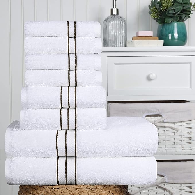 Superior Turkish Cotton Ultra-Plush 8-Piece Towel Set, Ideal for Master Bath, Guest Bathroom, Fast Drying, Shower, Spa, Face/Washcloths, Hand, Bath Towels, Absorbent, Home Basics, Latte