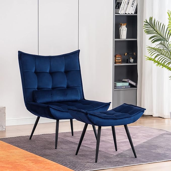 MCombo Accent Chair with Ottoman, Modern Velvet Wingback Lounge Chair, Upholstered Club Chair for Small Space, Living Room & Bedroom 4079 (2, Blue)