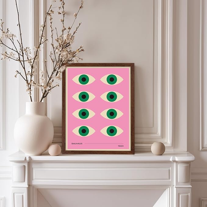 Poster Master Bauhaus Poster - Green Eyes Print - Graphic Design Art - Geometric Art - Chic Boho Art - Mid Century Modern Art - Abstract Art - Living Room or Bedroom Decor - 11x14 Brown Framed