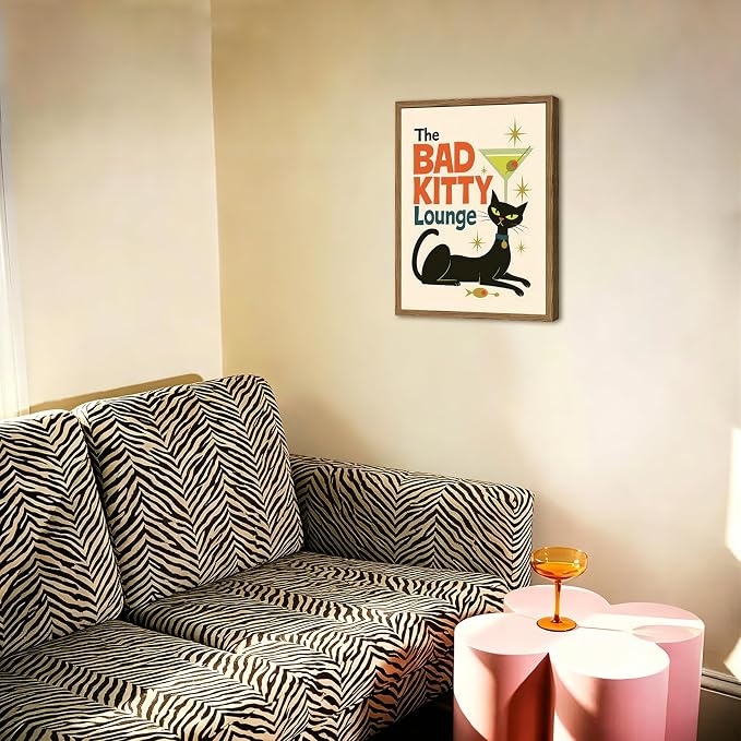 Mid Century Modern Cat Wall Art Bad Kitty Lounge Wall Decor Painting, Vintage Martini Cat Poster Canvas Print Picture for Bar Living Room Bedroom 12x16 inch Wood Framed