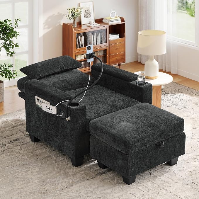 Small Chaise Lounge Chair Indoor with Ottoman&Adjustable Backrest,Chenille Tufted Recliner Comfy Sofa Chair with USB,Phone Holder&Storage Arms,Convertible Sleeper Couch Bed for Living Room(37"W,Black)