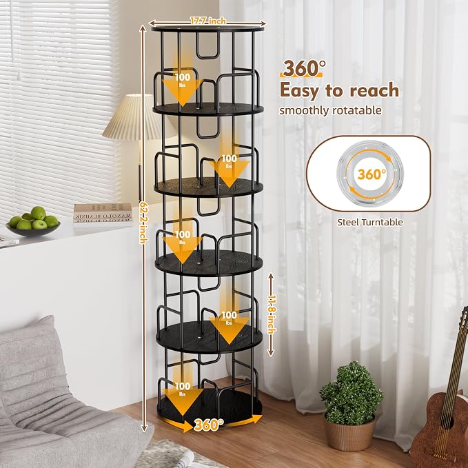 YZU Rotating Bookshelf 5 Tier 360 ° Display Spinning Bookshelf Tower, Revolving Bookcase Narrow Space Saving Swivel Book Shelf Corner Storage Organizer for Bedroom, Living Room Corner, Office