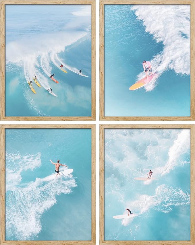 SIGNWIN Framed Ocean Nautical Landscape Wall Art, Set of 4 Surfing Surfboard Aerial View Wall Decor Prints, Nature Wilderness Wall Décor for Living Room, Bedroom - 12"x16" Natural