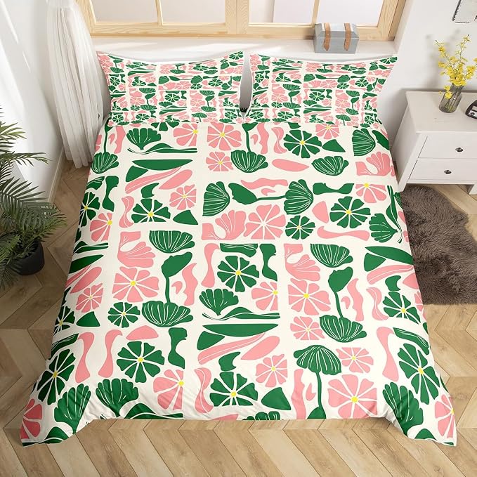 Erosebridal Mid Century Boho Comforter Cover Twin Cute Green Pink Floral Plant Patchwork Bedding Set Modern Abstract Geometric Duvet Cover for Kids Adults,Vintage Aesthetic Bed Set