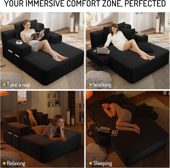 48.5" Oversized Chaise Lounge Chair Indoor, 3-in-1 Convertible Sleeper Sofa Bed, Plush Corduroy Boneless Chaise with 3 Pillows & Side Pockets, Adjustable Back/Armrest for Living Room -Black
