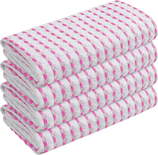 TWINY threads Waffle Towels Set of 4, 16x26 Inches, 100% Cotton, Soft, Absorbent Waffle Weave Kitchen Dishcloth Set, Durable & Machine Washable Tea Towel, Rose Pink, White