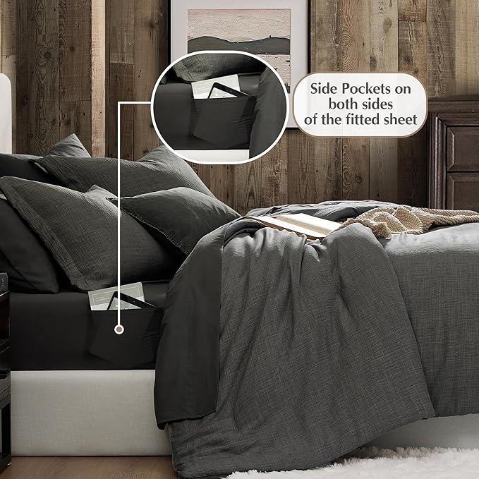 Geniospin Queen Comforter Set - 7 Pieces Comforter Queen Size, Solid Bedding Set for All Season, Textured Bed in a Bag with Flat Sheet and Fitted Sheet, Pillowcases and Shams (Grey, 90''x90'')