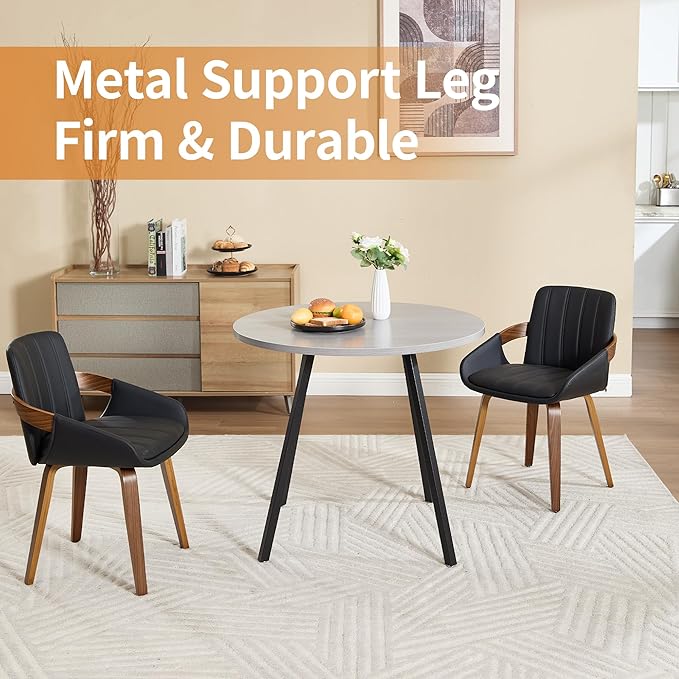 34.6" Round Dining Table for 2-4, Mid-Century Modern Small Kitchen Table with Woodgrain Top & Black Metal Legs, Space-Saving Table for Apartment, Breakfast Nook, Small Spaces - Light Gray
