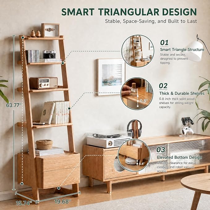 100% Solid Wood 5 Tier Ladder Shelf, Tall Narrow Bookshelf with Storage, 63.78" Tall Bookcase with Drawers, Display Shelf Unit for Living Room Bedroom