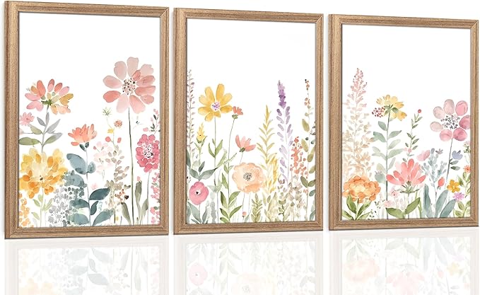 PicturePerfect Decor Watercolor Wildflower Wall Art Set of 3, 12x16Inch Framed Canvas Prints, Pastel Floral Decor for Living Room Bedroom Bathroom Office Hallway, Spring Meadow Decor, Wood Frame