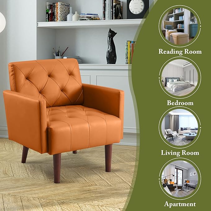 Faux Leather Accent Chair Modern PU Armchair, Retro Tufted Upholstered Arm Chair, Comfy Leather Club Chair Single Sofa for Living Room, Bedroom, Reading Room, Apartment (Orange)