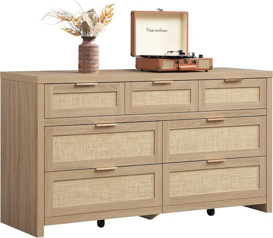 SICOTAS 7 Drawer Dresser for Bedroom, 57" Wide Rattan Dressers, Large Chest of Drawers for Bedroom, Dresser TV Stand, Boho Closet Organizer (Reclaimed Light Oak, 7 Drawers (1 pc))