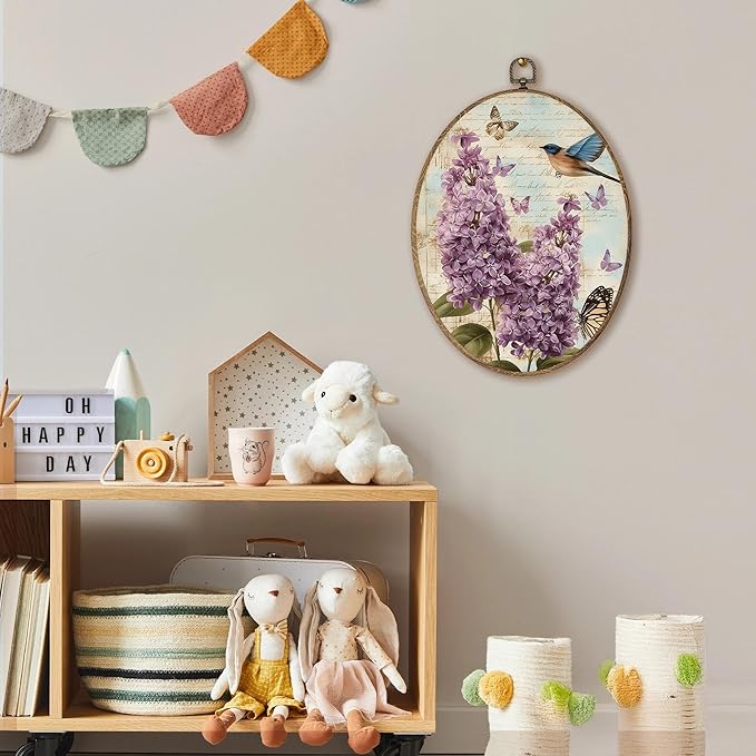 AEHIE Vintage Lilac Floral Bird Oval Wall Art Decor, Cottagecore Lilac Flower Butterfly Canvas Artwork Framed, Bird Floral Picture Oval Wall Art for Home Bedroom Living Room Decor, 11x8.5 Inches