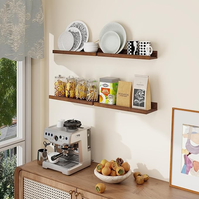 Axeman Picture Ledge Shelf | 16 Inch Walnut Floating Shelves Set of 4 | Rustic Wood Wall Shelves with Lip | 16" Picture Shelves for Wall with Ledge | Walnut Photo Shelves