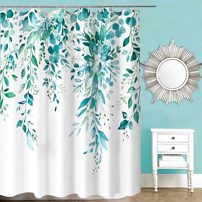 Long Teal Eucalyptus Shower Curtain Watercolor Floral Plant Leaf Shower Curtains for Bathroom Botanical Flower Waterproof Fabric Bath Curtain Decor with Hooks (Teal, 72'' x 78'')