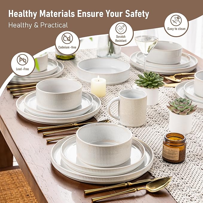 GBHOME Stoneware Dinnerware Sets, Plates and Bowls Set for 4 (12 Pieces) – Scratch Resistant, Microwave & Dishwasher Safe, Reactive Glaze, Sugar White