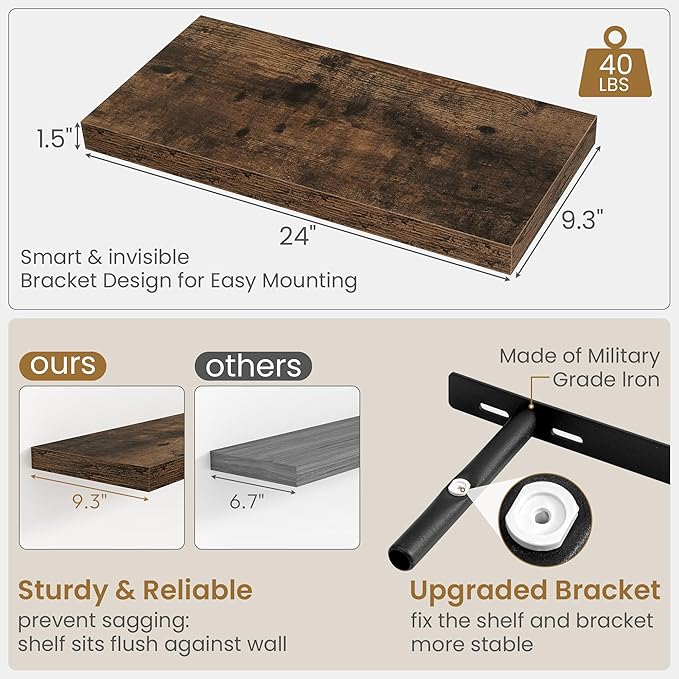 24"W x 9.3"D Floating Shelves for Wall, Wall Mounted Bathroom Shelves 2 Pack Deep Floating Shelf for Bedroom Kitchen Living Room, Rustic Wooden Wall Shelf with Invisible Bracket for Books Decor