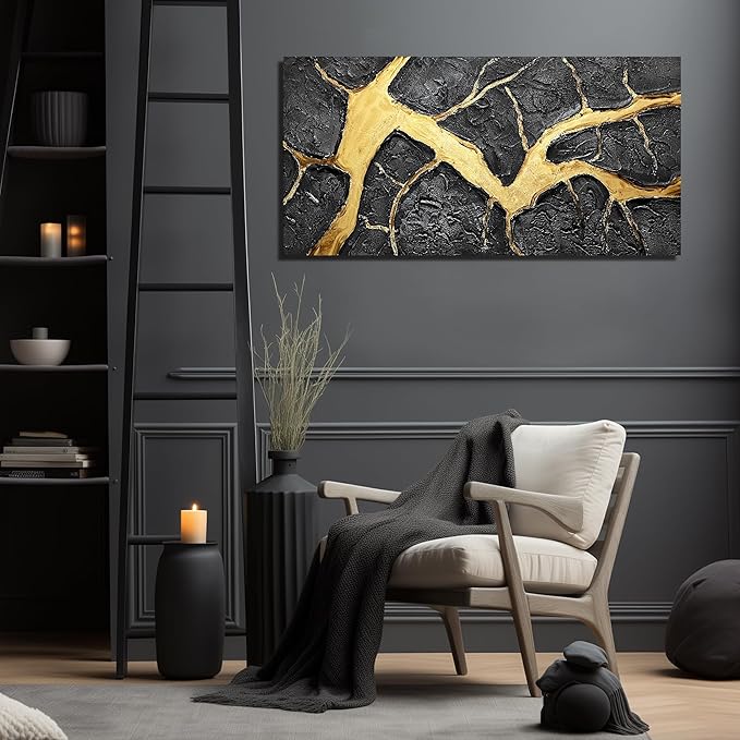 DNIEOTU Abstract Wall Art for Living Room, Black and Gold Hand-Painted Canvas Wall-Decor for Bedroom, 3D Textured Paintings, Size 40 x 20 Inches