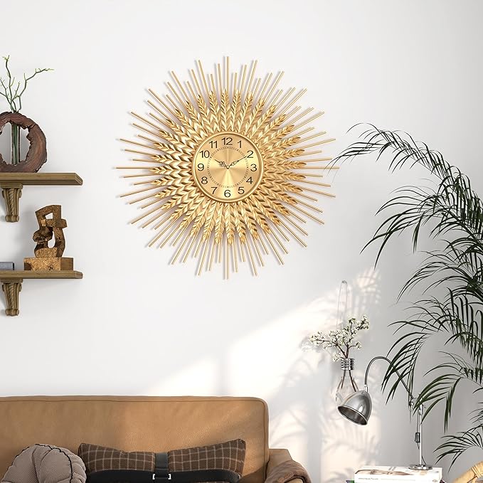 Large Mid Century Gold Wall Clock Decorative Modern Sunburst Wall Clocks, Metal Big Silent Non-Ticking Clock, Luxury Home Gift Decor for Living Room, Bedroom, Dining Room, 28 inch