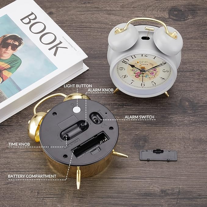 rjuwurv 4" Loud Alarm Twin Bell Alarm Clock, Night Light, Desk Clock Table Alarm Clock Bedroom Alarm Clock(Golden Rural)
