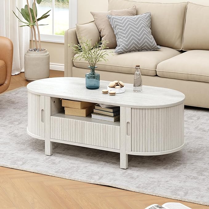 ONBRILL 47.2 Inch Oval Coffee Table with Storage, Mid Century Modern Coffee Table with Drawer, Center Table with Sliding Door and Wood Fluted Handle for Living Room, Natural White