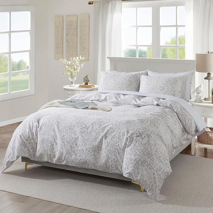 HoneiLife Cotton Duvet Cover Queen - Floral Comforter Cover 3-PC, Soft & Breathable Flower Bedding Duvet Cover Sets with Zipper Closure & Corner Ties, Wildflower Comforter Cover Sets, Plain Life